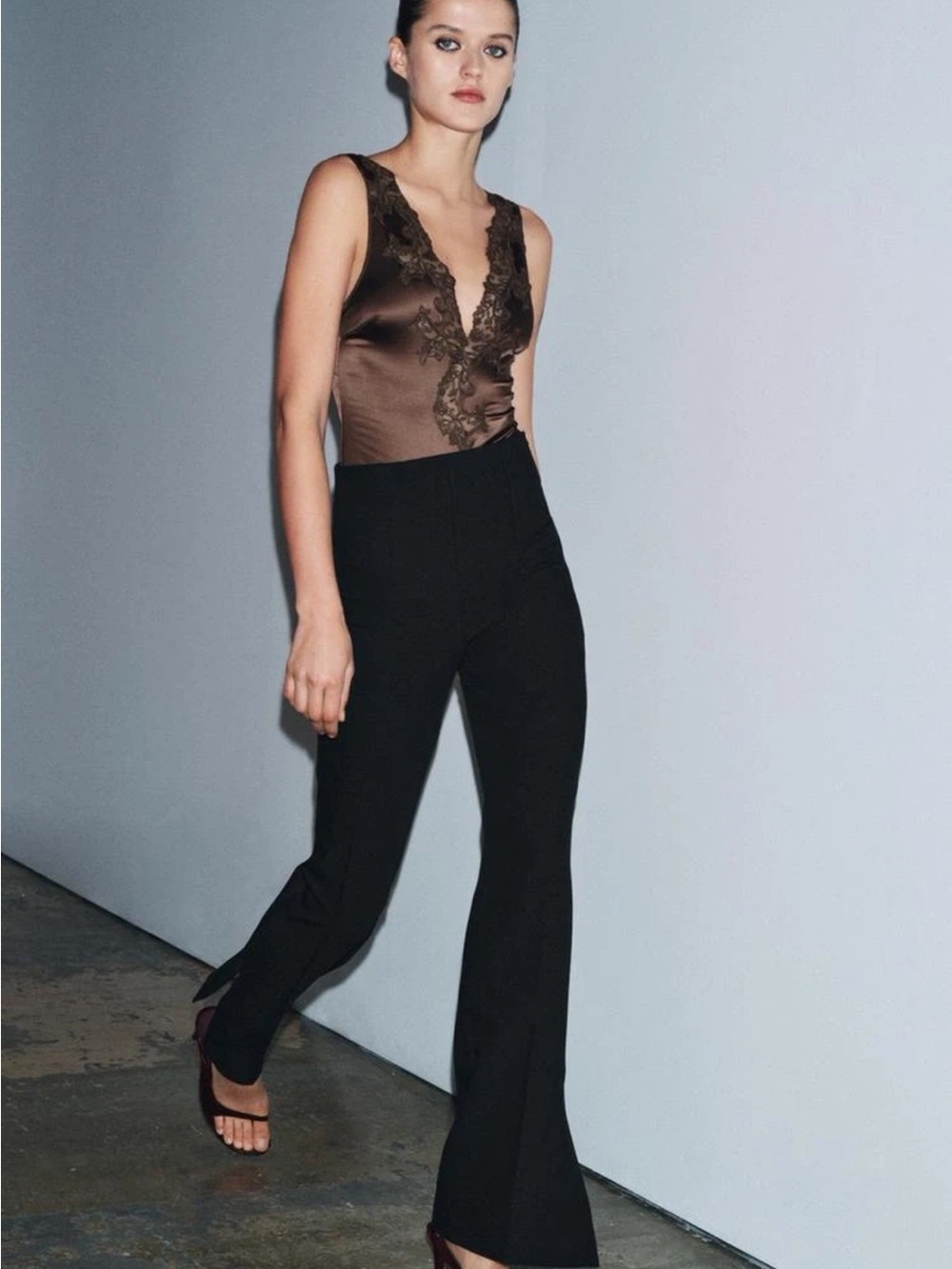 Zara Brown Lace-Trim Satin Bodysuit